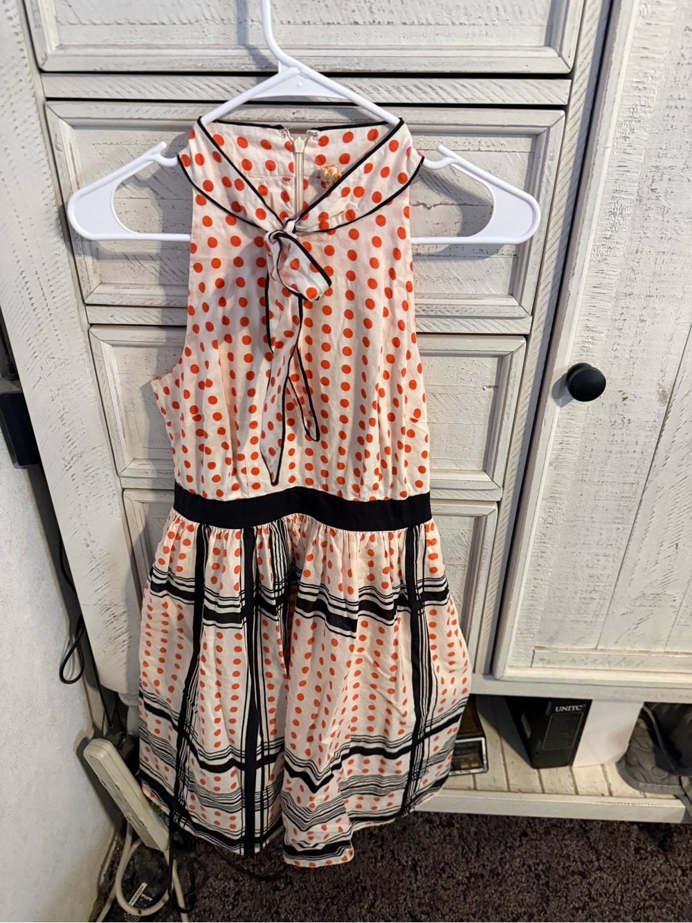 Girls Orange Polka Dot Tie-Neck Dress with Black Trim